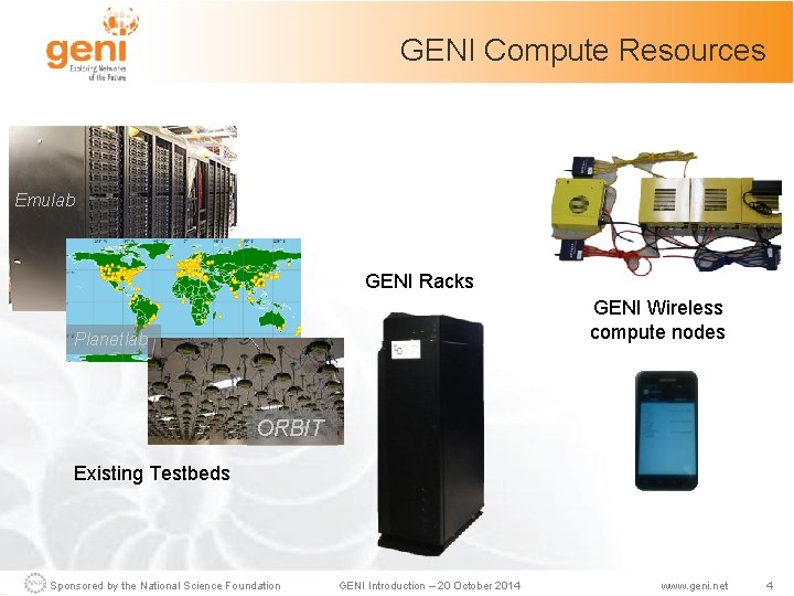 GENI Compute Resources Emulab GENI Racks GENI Wireless compute nodes Planetlab ORBIT Existing Testbeds