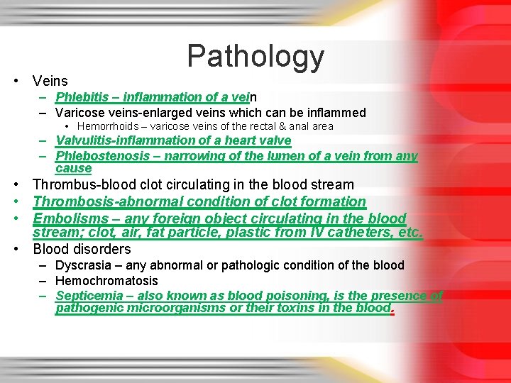  • Veins Pathology – Phlebitis – inflammation of a vein – Varicose veins-enlarged