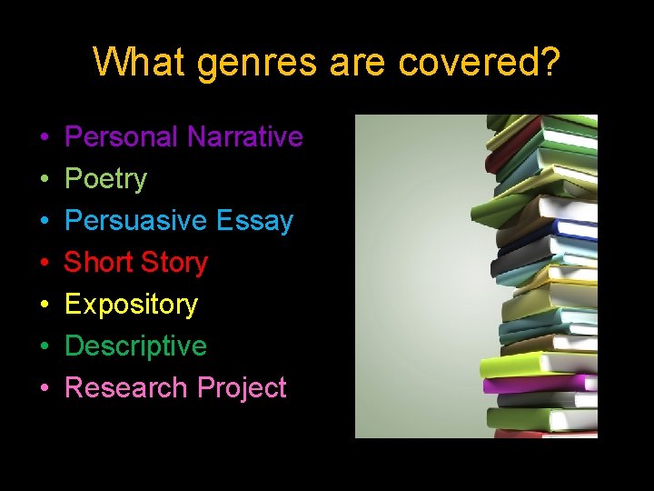 What genres are covered? • • Personal Narrative Poetry Persuasive Essay Short Story Expository