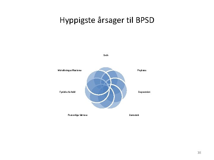 Hyppigste årsager til BPSD Delir Mistolkninger/Illusioner Fysiske forhold Personlige faktorer Psykose Depression Sansetab 38