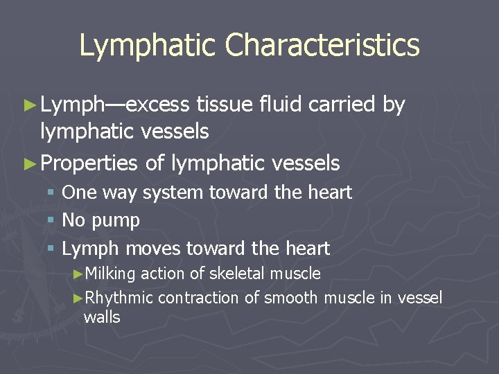 Lymphatic Characteristics ► Lymph—excess tissue fluid carried by lymphatic vessels ► Properties of lymphatic