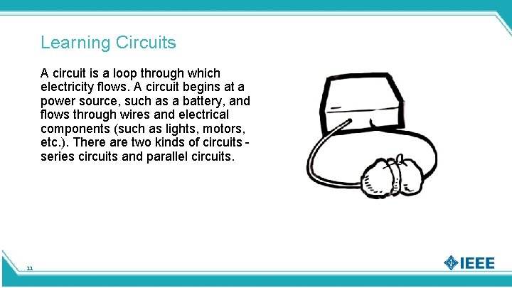 Learning Circuits A circuit is a loop through which electricity flows. A circuit begins