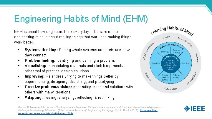 Engineering Habits of Mind (EHM) EHM is about how engineers think everyday. The core