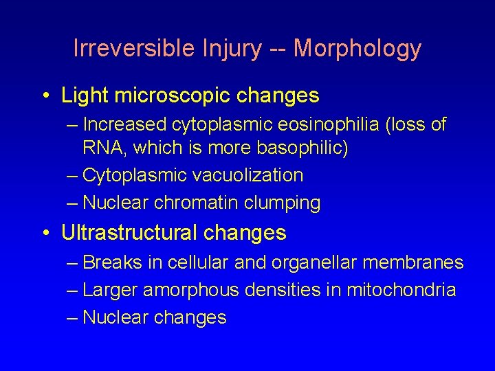 Irreversible Injury -- Morphology • Light microscopic changes – Increased cytoplasmic eosinophilia (loss of