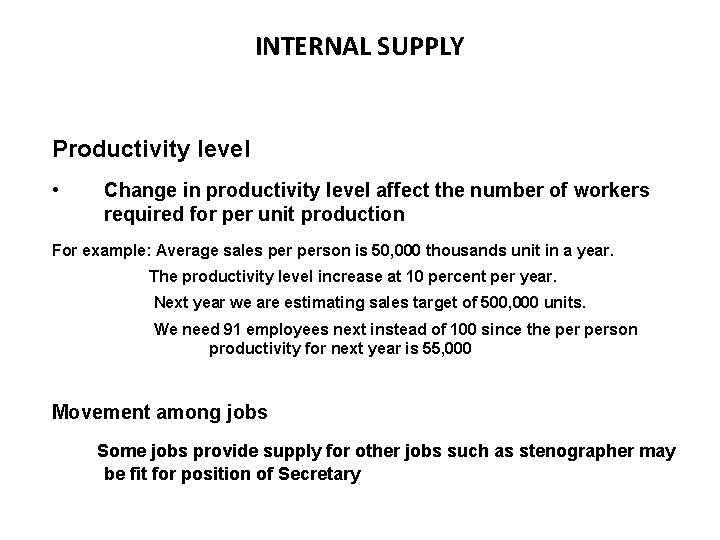 INTERNAL SUPPLY Productivity level • Change in productivity level affect the number of workers