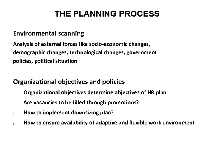 THE PLANNING PROCESS Environmental scanning Analysis of external forces like socio-economic changes, demographic changes,