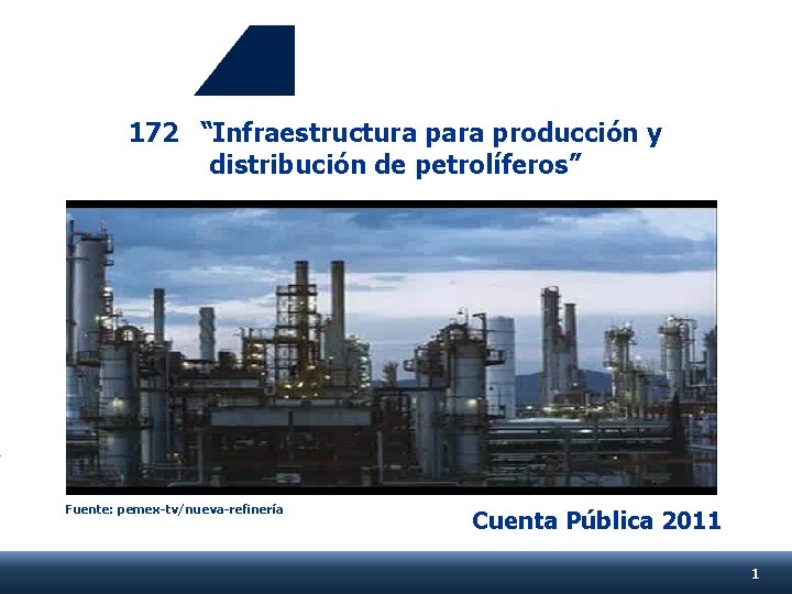 172 “Infraestructura para producción y distribución de petrolíferos” Fuente: pemex-tv/nueva-refinería Cuenta Pública 2011 1