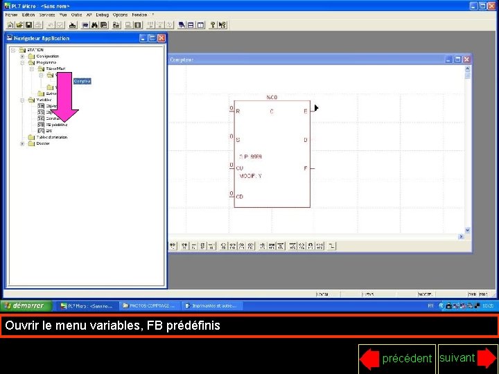 Ouvrir le menu variables, FB prédéfinis précédent suivant 