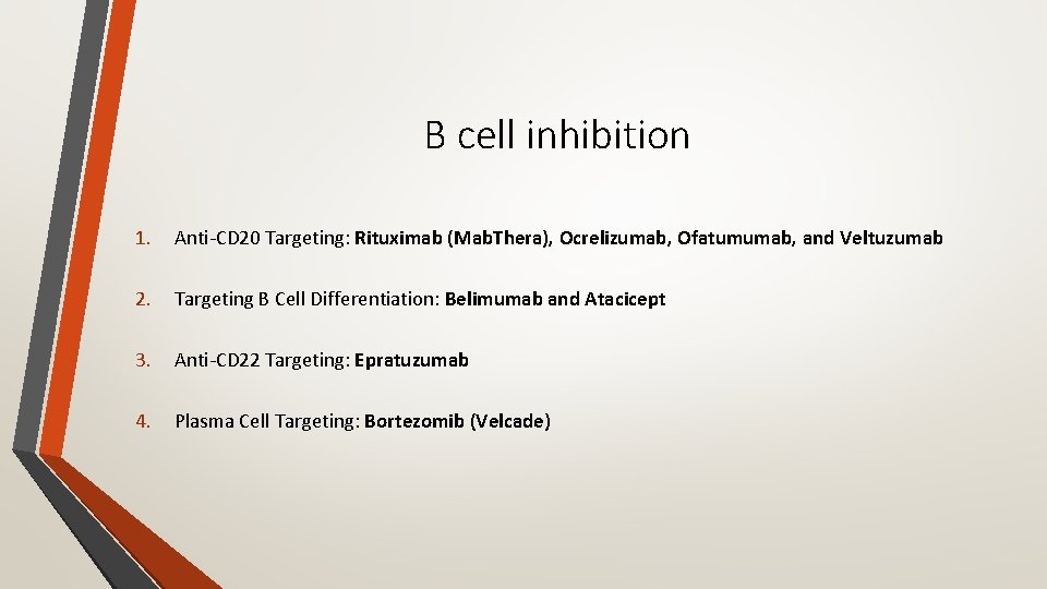 B cell inhibition 1. Anti‐CD 20 Targeting: Rituximab (Mab. Thera), Ocrelizumab, Ofatumumab, and Veltuzumab