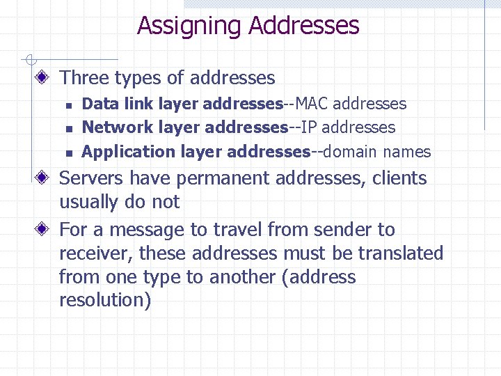 Assigning Addresses Three types of addresses n n n Data link layer addresses--MAC addresses