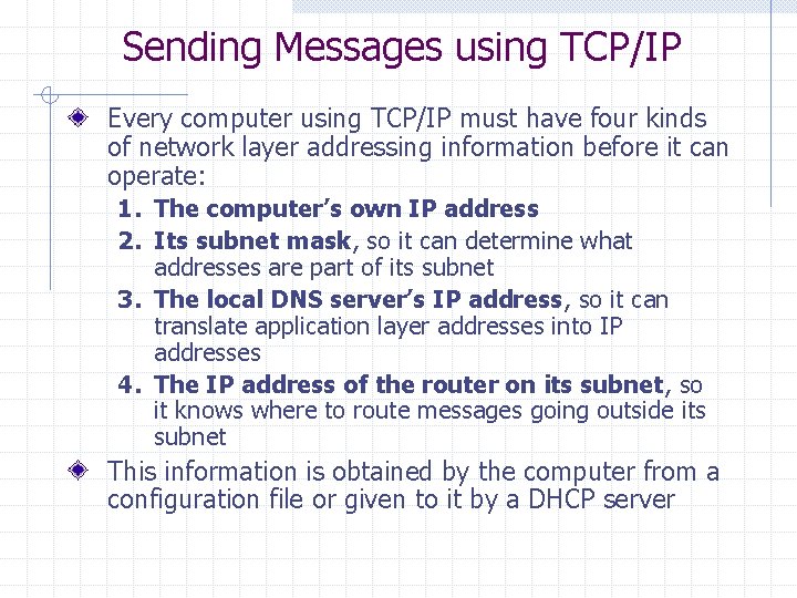 Sending Messages using TCP/IP Every computer using TCP/IP must have four kinds of network