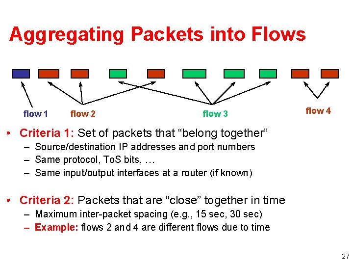 Aggregating Packets into Flows flow 1 flow 2 flow 3 flow 4 • Criteria