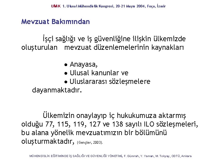 UM K 1. Ulusal Mühendislik Kongresi, 20 -21 Mayıs 2004, Foça, İzmir Mevzuat Bakımından