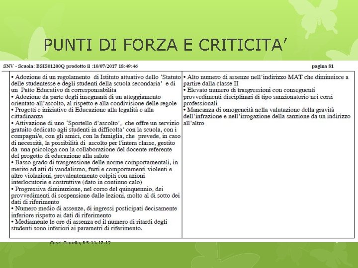 PUNTI DI FORZA E CRITICITA’ Covri Claudia, BS 11. 12. 17 