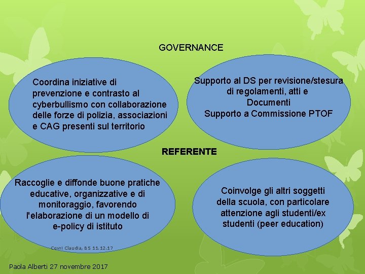 GOVERNANCE Coordina iniziative di prevenzione e contrasto al cyberbullismo con collaborazione delle forze di