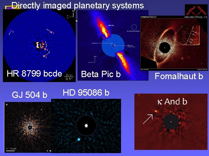 Directly imaged planetary systems HR 8799 bcde GJ 504 b Beta Pic b HD