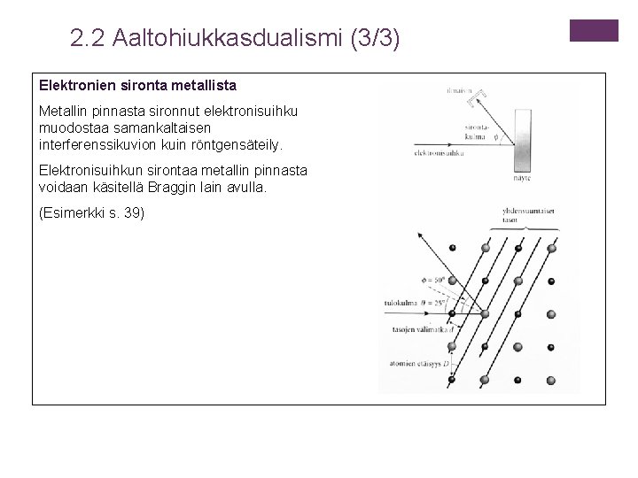 2. 2 Aaltohiukkasdualismi (3/3) Elektronien sironta metallista Metallin pinnasta sironnut elektronisuihku muodostaa samankaltaisen interferenssikuvion