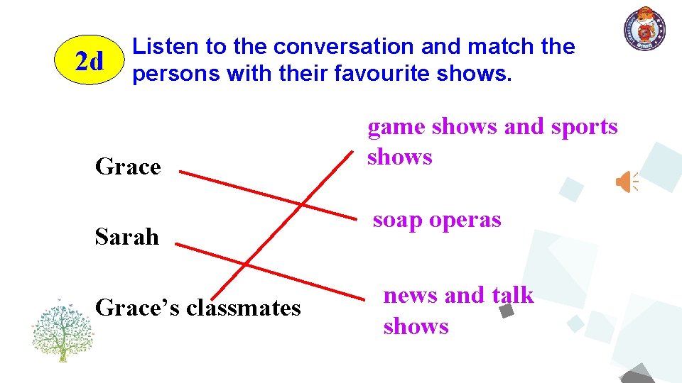 2 d Listen to the conversation and match the persons with their favourite shows.