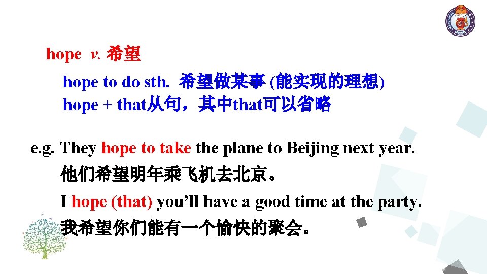 hope v. 希望 hope to do sth. 希望做某事 (能实现的理想) hope + that从句，其中that可以省略 e. g.