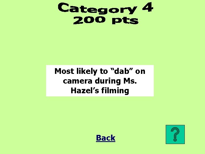 Most likely to “dab” on camera during Ms. Hazel’s filming Back 