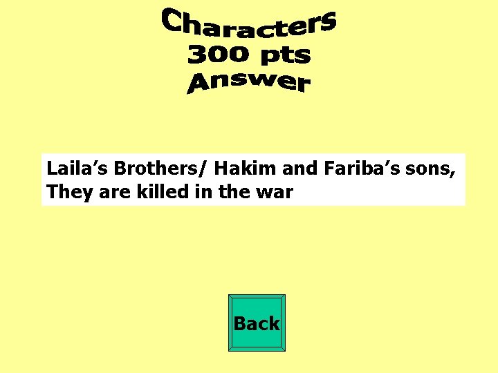 Laila’s Brothers/ Hakim and Fariba’s sons, They are killed in the war Back 