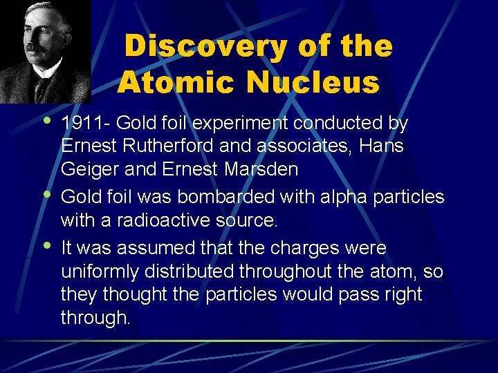 Discovery of the Atomic Nucleus • • • 1911 - Gold foil experiment conducted