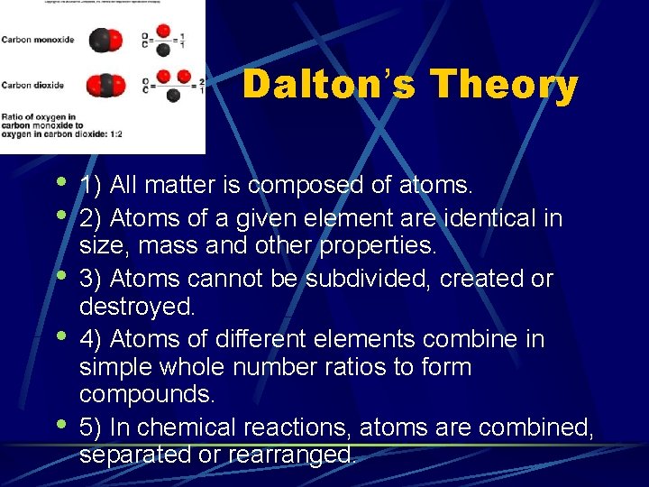 Dalton’s Theory • • • 1) All matter is composed of atoms. 2) Atoms