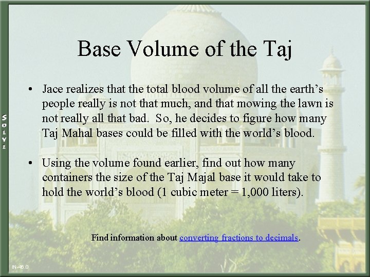 Base Volume of the Taj • Jace realizes that the total blood volume of
