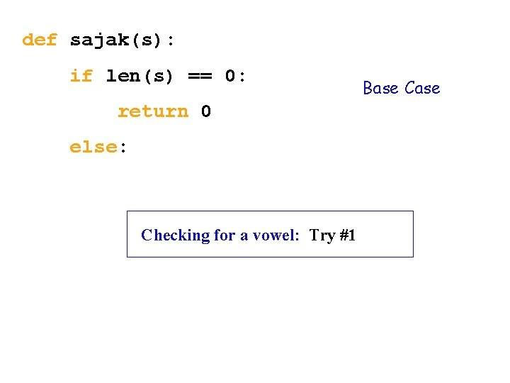 def sajak(s): if len(s) == 0: return 0 else: Checking for a vowel: Try