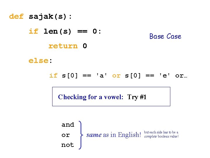 def sajak(s): if len(s) == 0: Base Case return 0 else: if s[0] ==