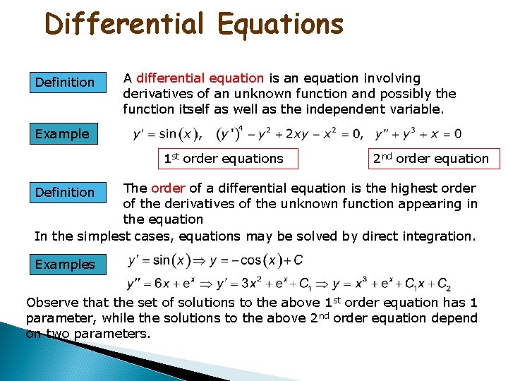 Differential Equations Definition A differential equation is an equation involving derivatives of an unknown