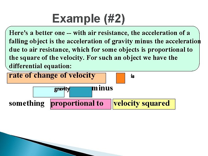 Example (#2) Here's a better one -- with air resistance, the acceleration of a