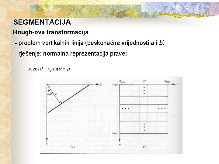 SEGMENTACIJA Hough-ova transformacija - problem vertikalnih linija (beskonačne vrijednosti a i b) - rješenje: