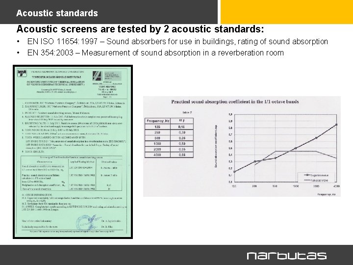 Acoustic standards Acoustic screens are tested by 2 acoustic standards: • • EN ISO