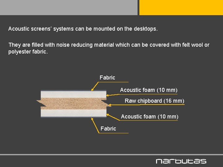Acoustic screens’ systems can be mounted on the desktops. They are filled with noise