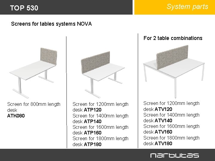 System parts TOP 530 Screens for tables systems NOVA For 2 table combinations Screen