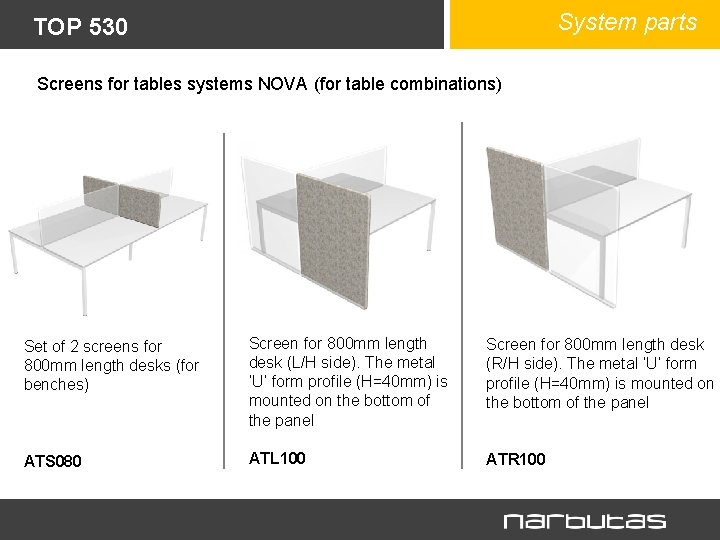 System parts TOP 530 Screens for tables systems NOVA (for table combinations) Set of