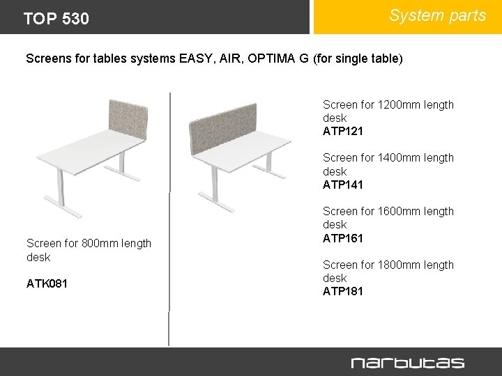 TOP 530 System parts Screens for tables systems EASY, AIR, OPTIMA G (for single