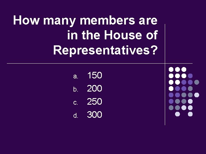 How many members are in the House of Representatives? a. b. c. d. 150