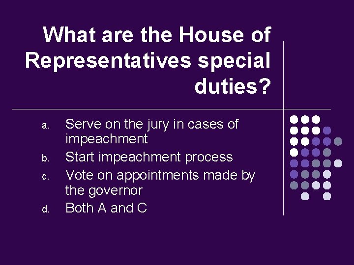 What are the House of Representatives special duties? a. b. c. d. Serve on