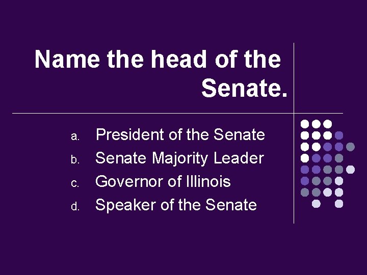 Name the head of the Senate. a. b. c. d. President of the Senate