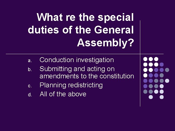 What re the special duties of the General Assembly? a. b. c. d. Conduction