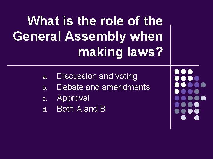 What is the role of the General Assembly when making laws? a. b. c.