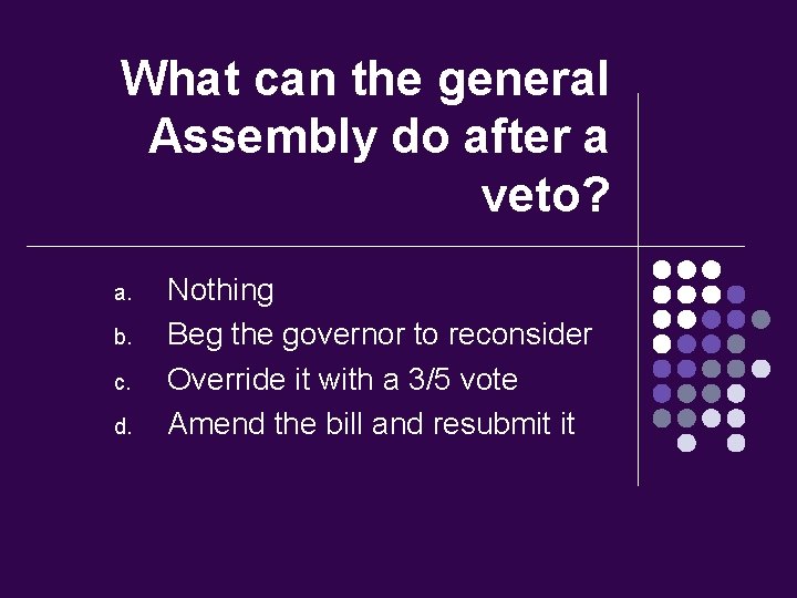 What can the general Assembly do after a veto? a. b. c. d. Nothing