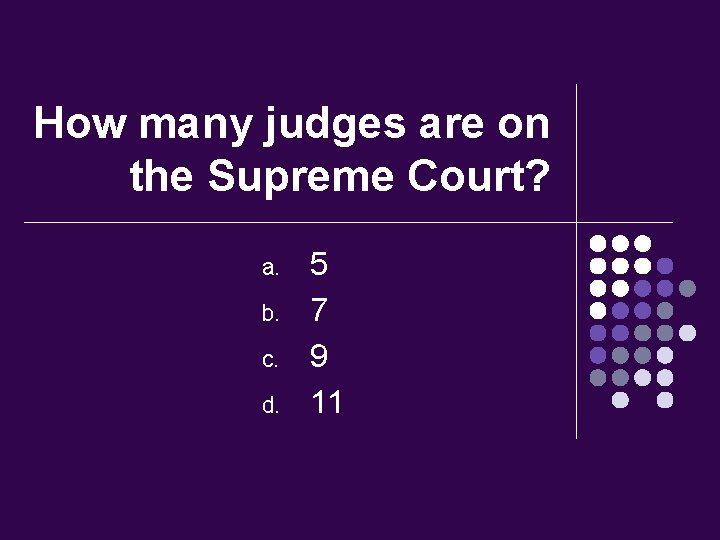 How many judges are on the Supreme Court? a. b. c. d. 5 7