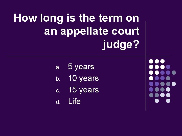 How long is the term on an appellate court judge? a. b. c. d.