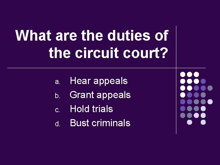 What are the duties of the circuit court? a. b. c. d. Hear appeals