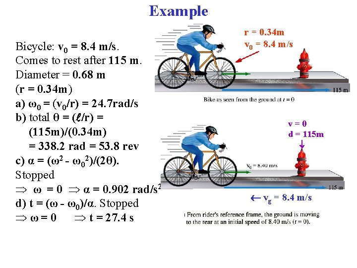 Example Bicycle: v 0 = 8. 4 m/s. Comes to rest after 115 m.