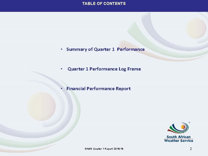 TABLE OF CONTENTS • Summary of Quarter 1 Performance • Quarter 1 Performance Log