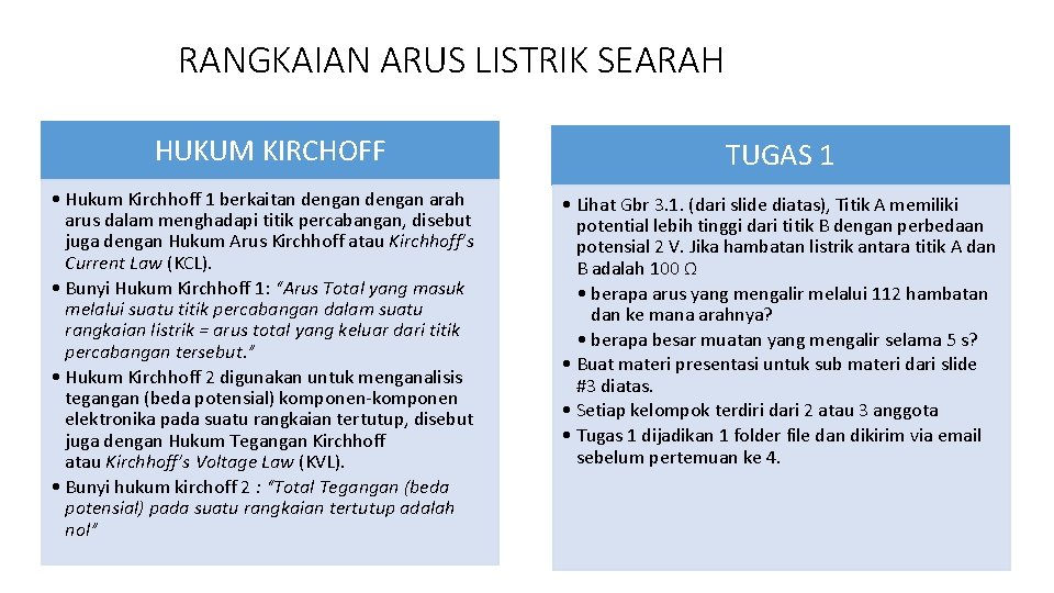 RANGKAIAN ARUS LISTRIK SEARAH HUKUM KIRCHOFF • Hukum Kirchhoff 1 berkaitan dengan arah arus